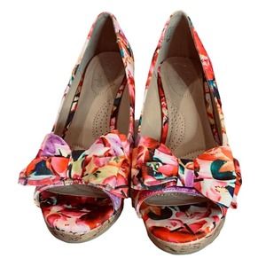 Dexflex comfort shoes cork wedge floral peep toe with bow tie size 8.5 wide